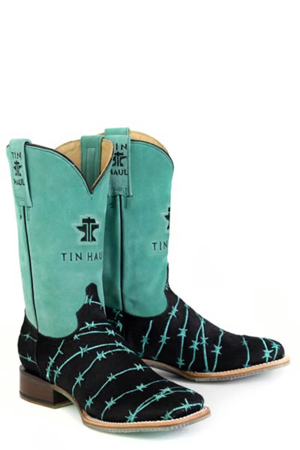 Chelsea Lug Boots Tin Haul Womens Barbwire Belle Black/Turquoise Hair-on-Hide Cowboy Boots