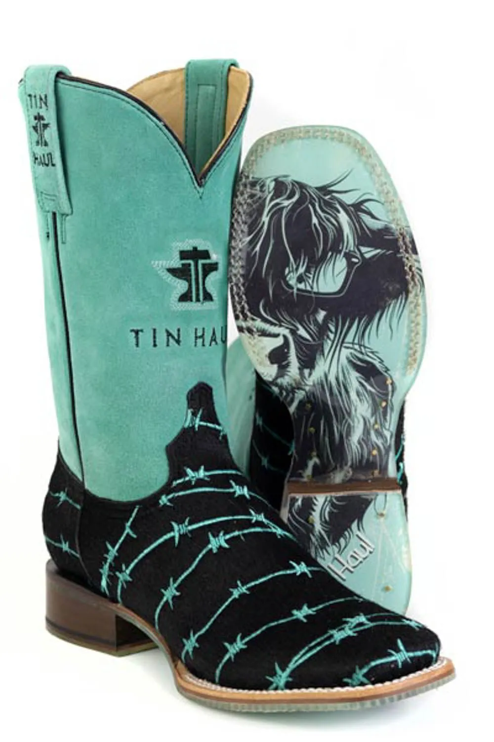 Tin Haul Womens Barbwire Belle Black/Turquoise Hair-on-Hide Cowboy Boots Brown Cowgirl Boots
