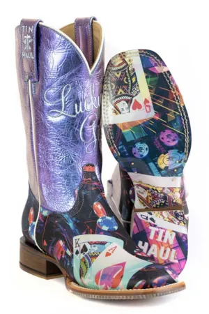 Springheel Jack Boots Tin Haul Womens Lady Luck Black/Purple Leather Games of Chance Cowboy Boots