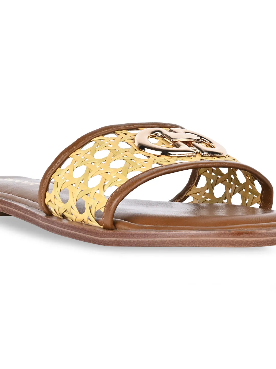 Rocia By Regal Tan Women Cane Buckled Sliders Slide Sandal