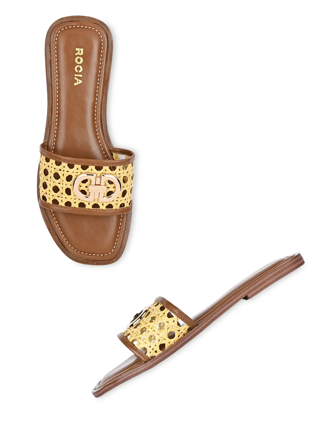 Rocia By Regal Tan Women Cane Buckled Sliders Lunar Hawai Slippers