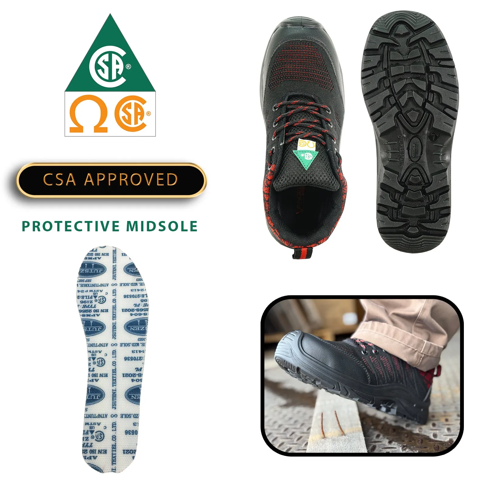 VANGELO Men Work Safety Shoe HELMUT-1 CSA Certified Steel Toe Protection Black/Red Cowboy Boots For Summer