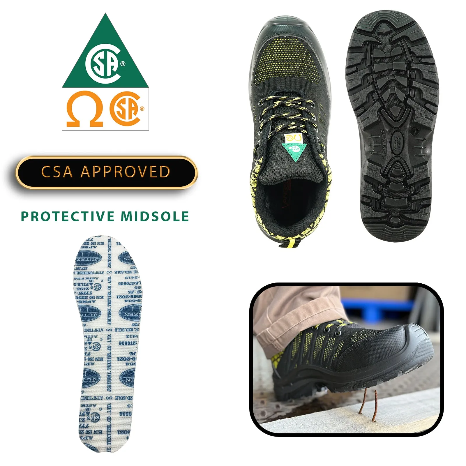 Nitro Boots VANGELO Men Work Safety Shoe HELMUT-1 CSA Certified Steel Toe Protection Black/Yellow