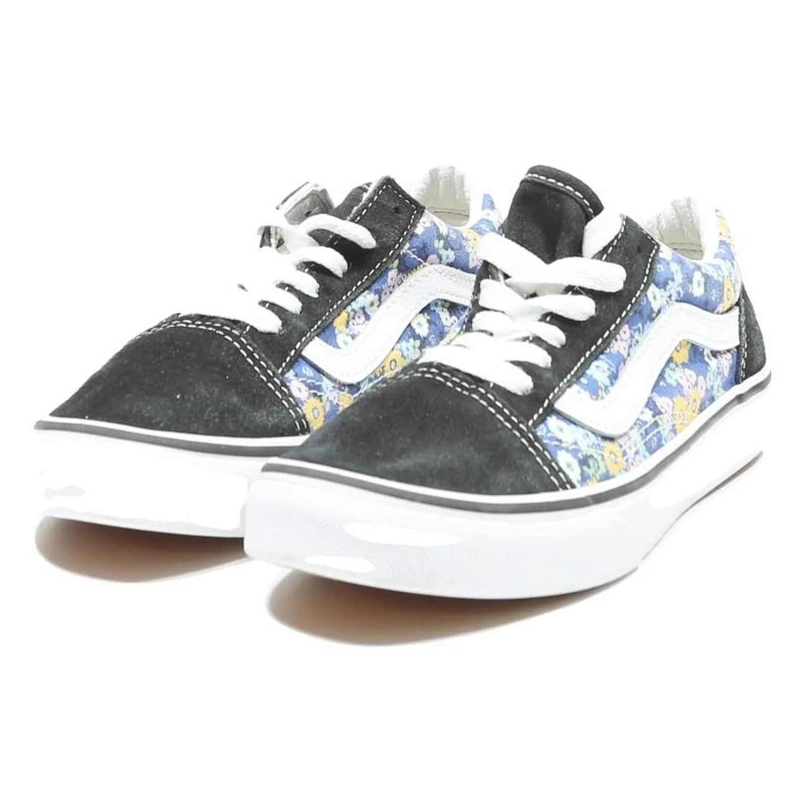 VANS Old Skool Girls Lace-Up Trainers Black & Blue Canvas UK 2 Floral Pattern Cross Training Shoes For Wide Flat Feet