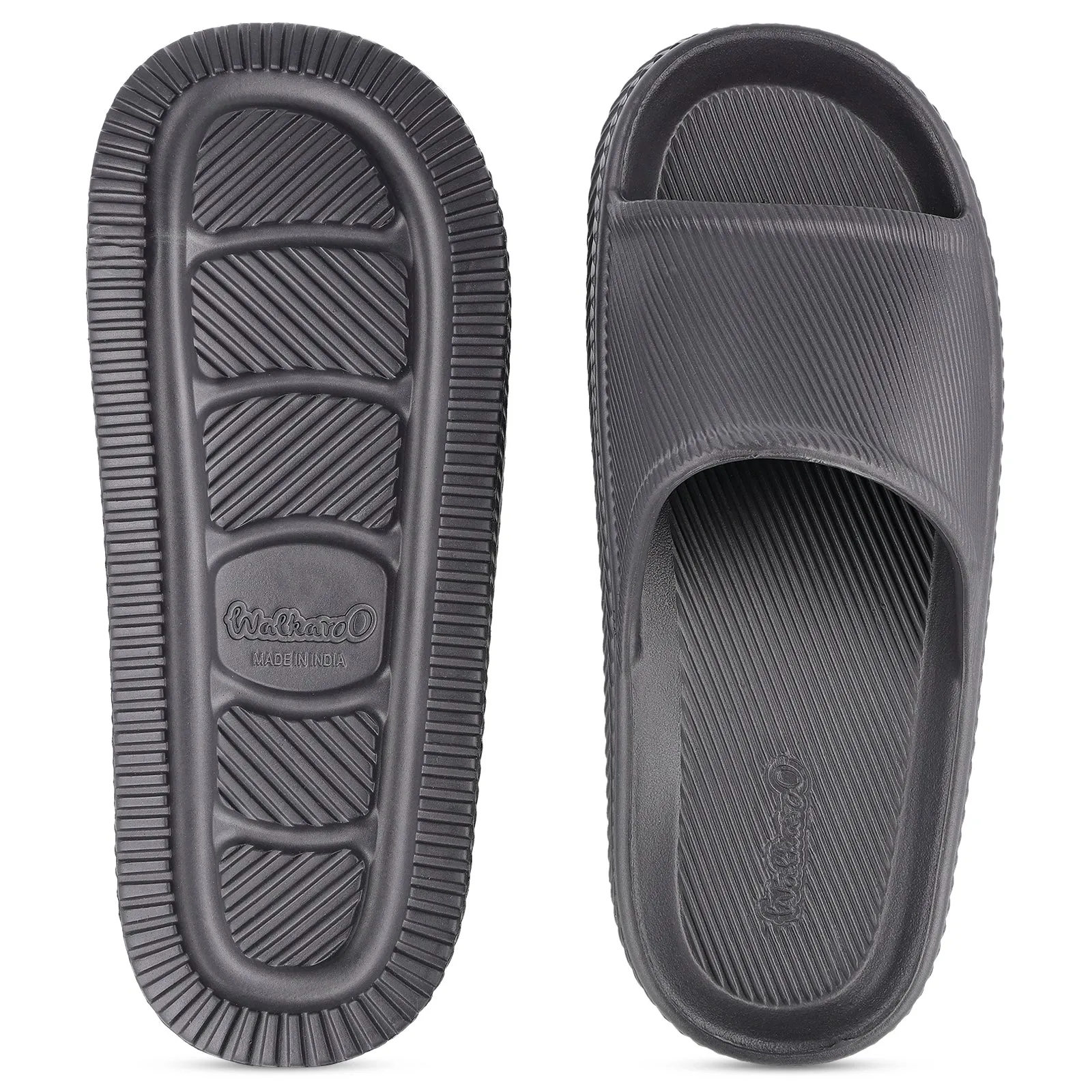 Walkaroo Mens Flip Flop Sliders  - WC8737 Dark Grey Puffy Slides