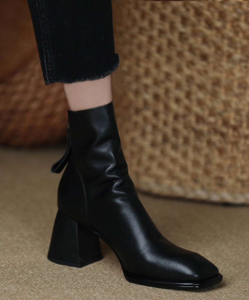 Brown Boots Chunky Cowhide Leather Women Splicing Zippered RD012