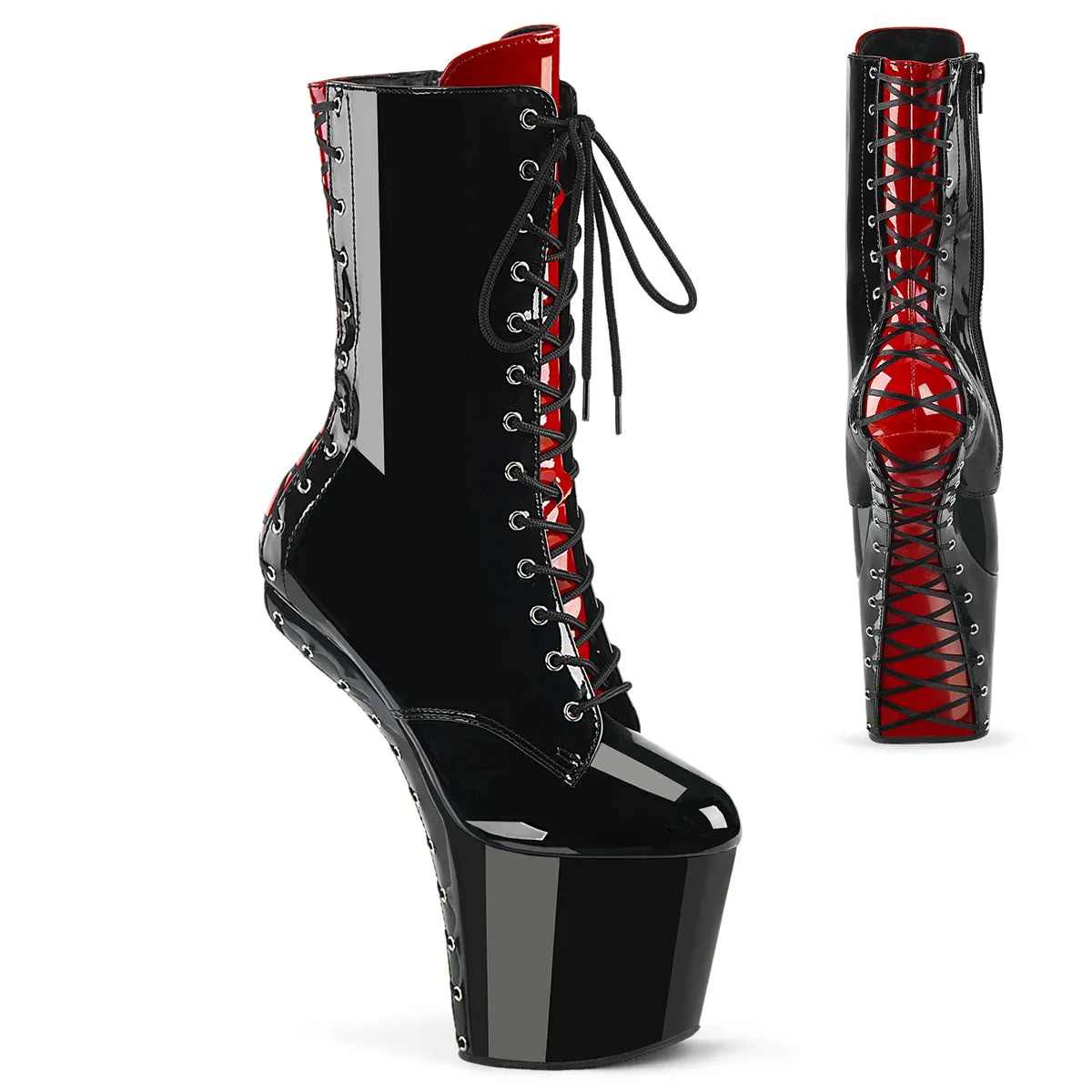 8 Inch Heelless CRAZE-1040FH Black Red Black Lace Boots