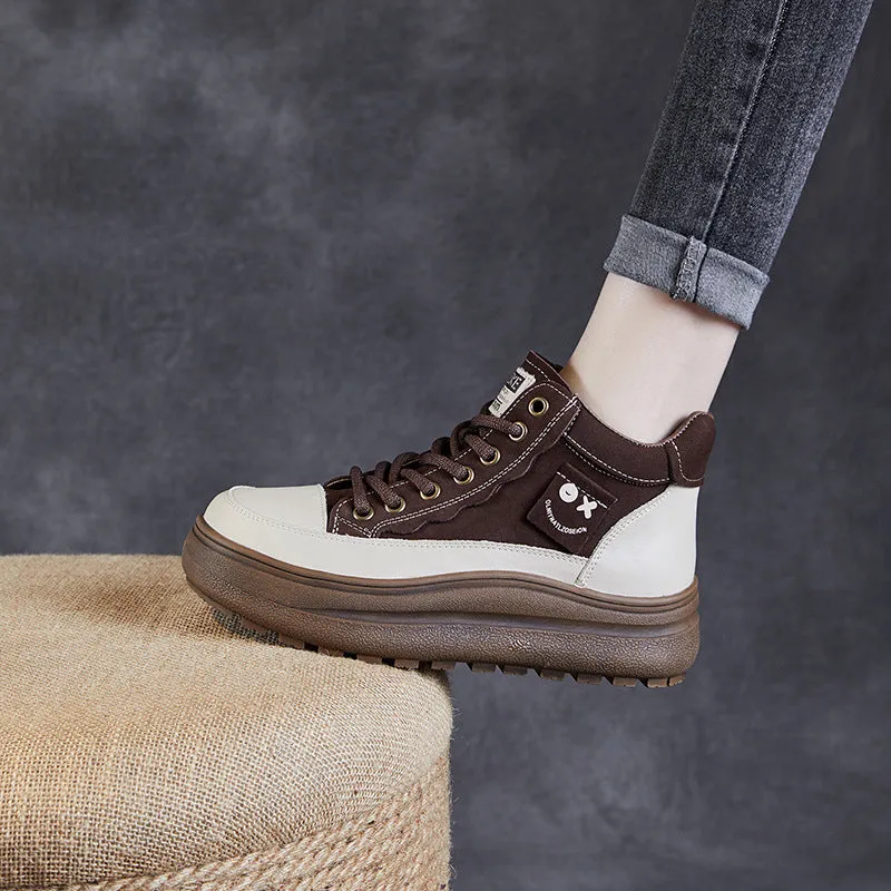 Leather Tramping Boots Women Fashion Leather Lace-up Thick Sole Boots