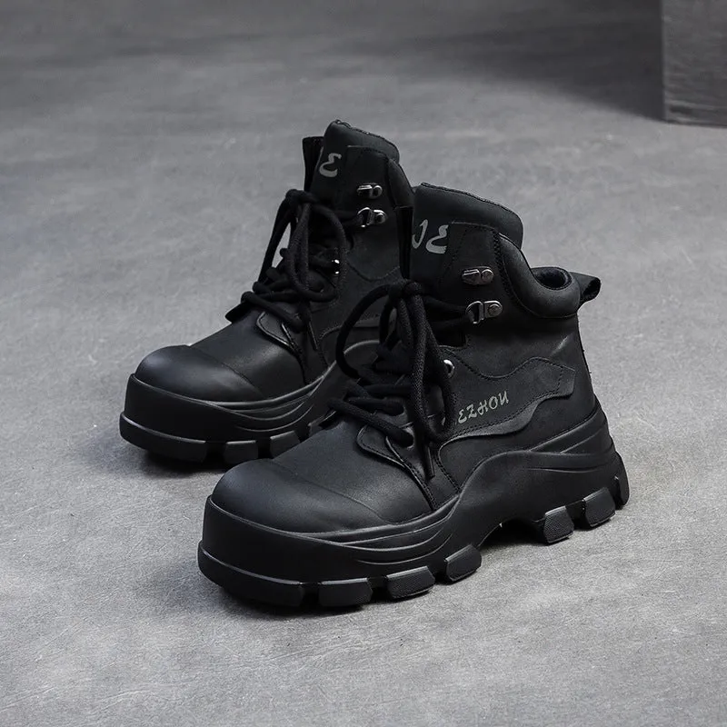 Rain Boots And Flowers Women Classic Leather Casual Lace-up Ankle Boots