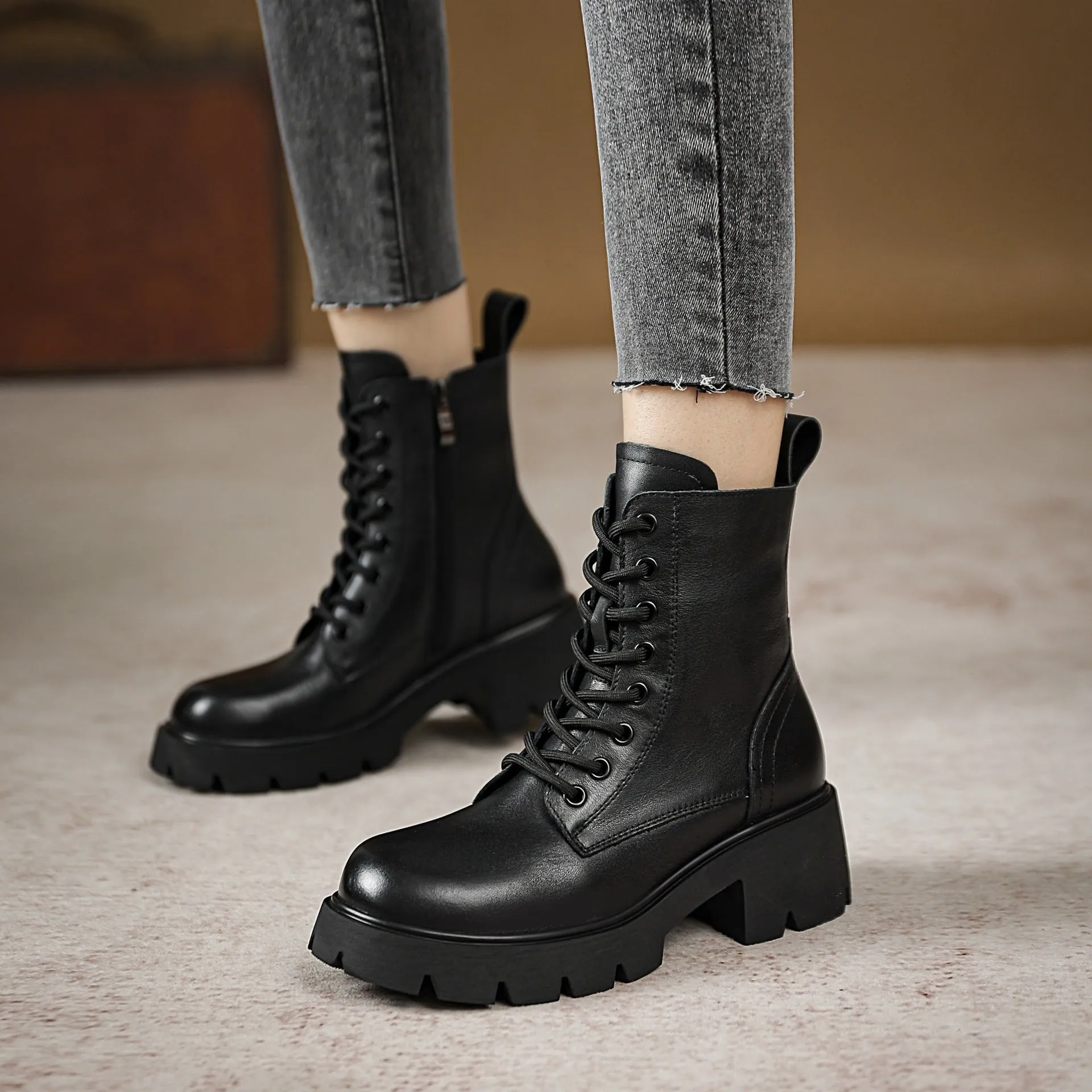 Coach Ursula Rain Boots Women Classic Minimalist Leather Chunky Platform Combat Boots