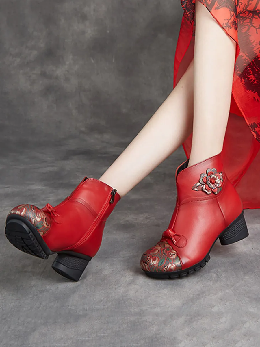 Vs Pink Boots Women Ethnic Autumn Flower Spliced Leather Mid-Heel Boots AI1019