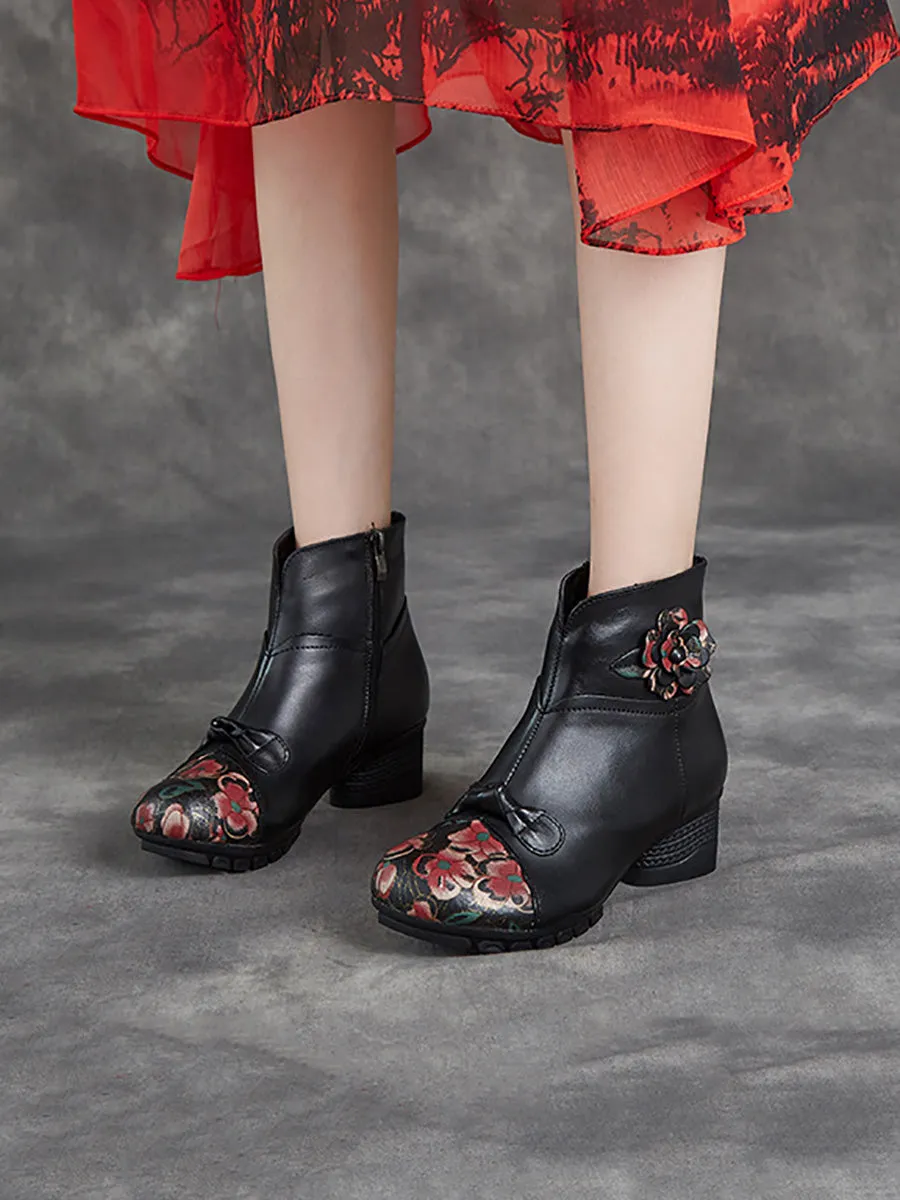 Freebird Boots Sale Women Ethnic Autumn Flower Spliced Leather Mid-Heel Boots AI1019