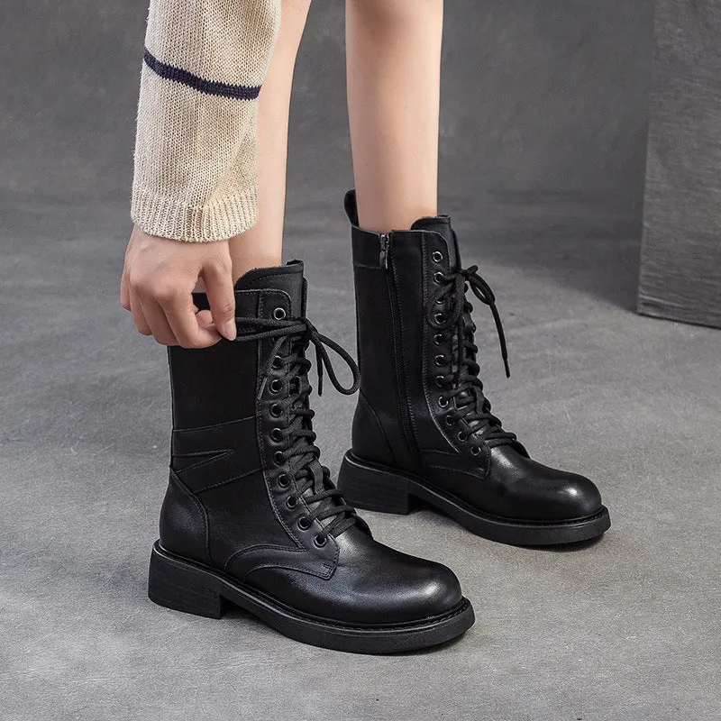 Women Minimalism Leather Mid-Calf Riding Combat Boots Ww2 Army Boots