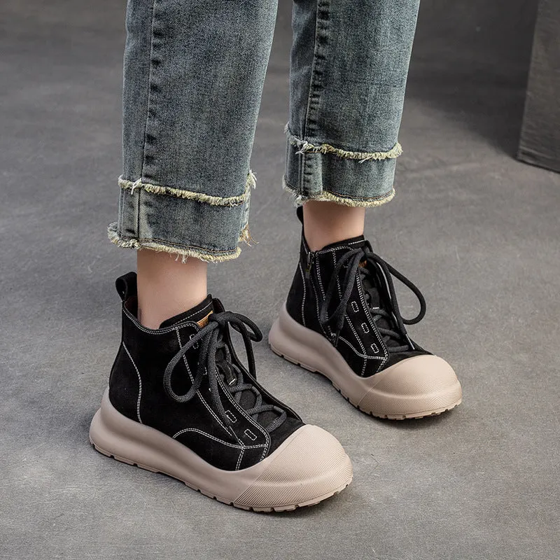 Brown Heel Boots Women Minimalism Soft Leather Lace-up Ankle Boots