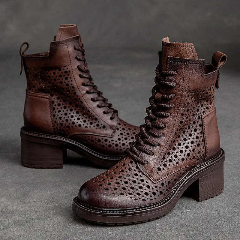 Joules Rain Boots Sale Women Retro Hollow Leather Patchwork Chunky Heel Boots