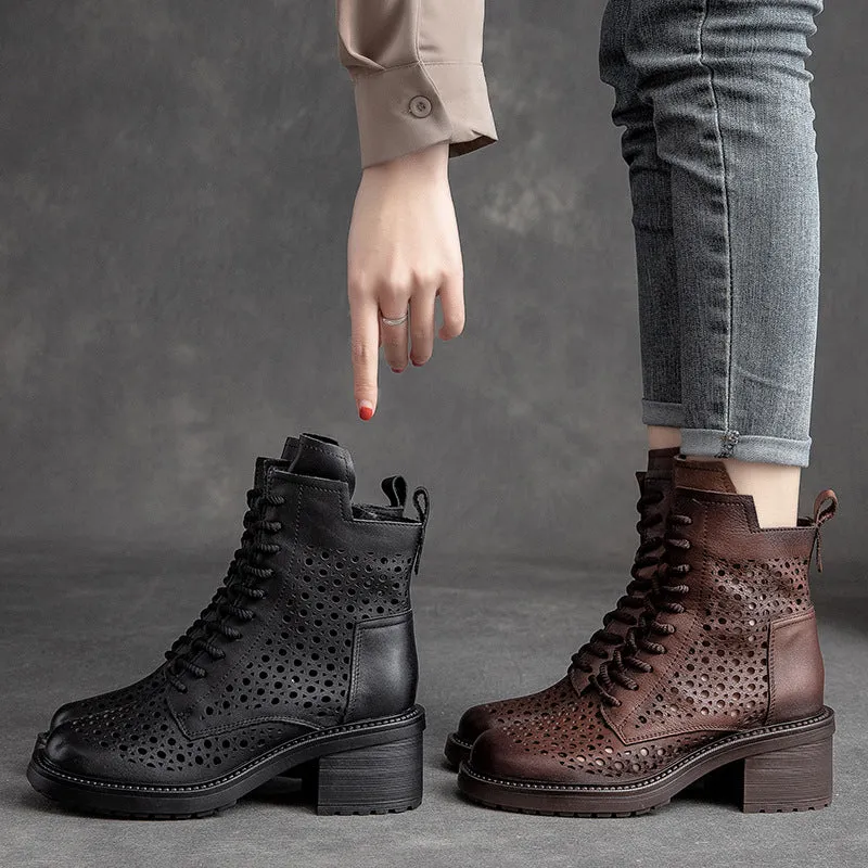 Women Retro Hollow Leather Patchwork Chunky Heel Boots Ballet Rain Boots