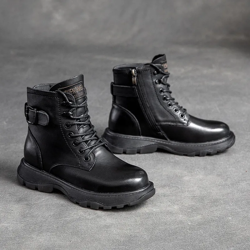 Women Retro Leather Flat Thick Soled Casual Boots Fabkids Rain Boots