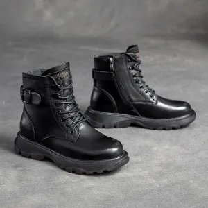 Women Retro Leather Flat Thick Soled Casual Boots Bass Outdoor Rain Boots