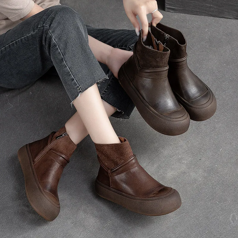 Boots For Winter And Rain Women Retro Patchwork Leather Flat Ankle Boots