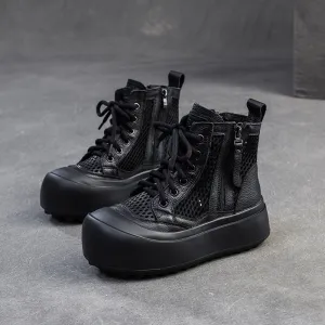 Steel Shank Rain Boots Women Retro Plain Leather Breathable Mesh Thick Soled Boots