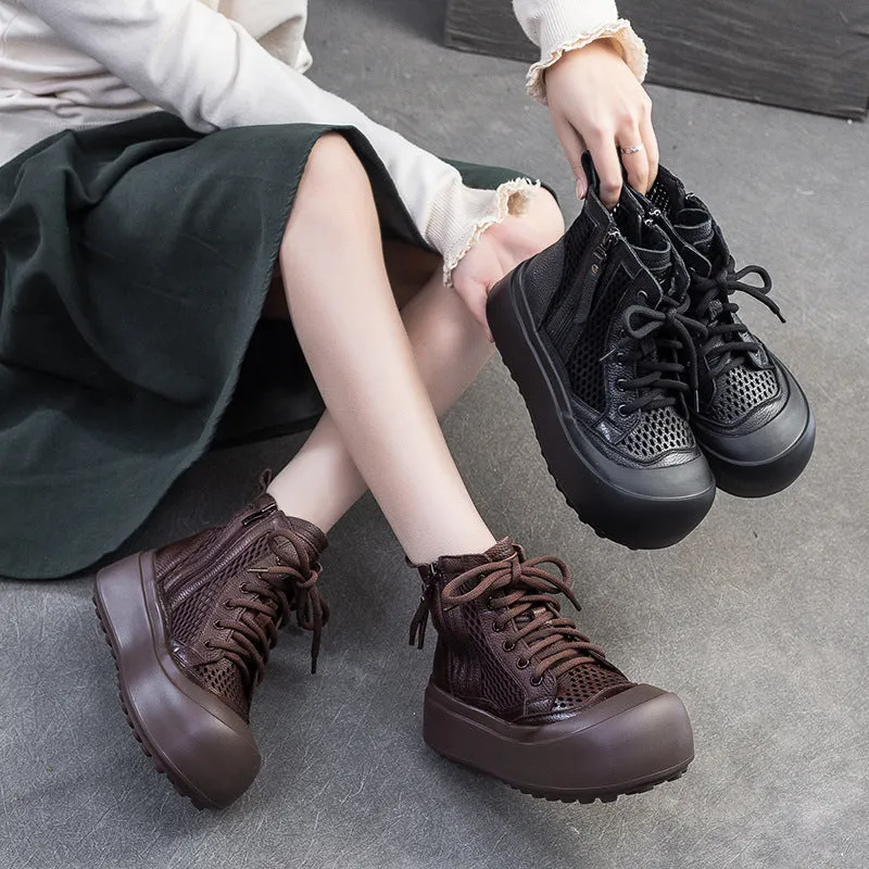 Women Retro Plain Leather Breathable Mesh Thick Soled Boots Tristee Rain Boots