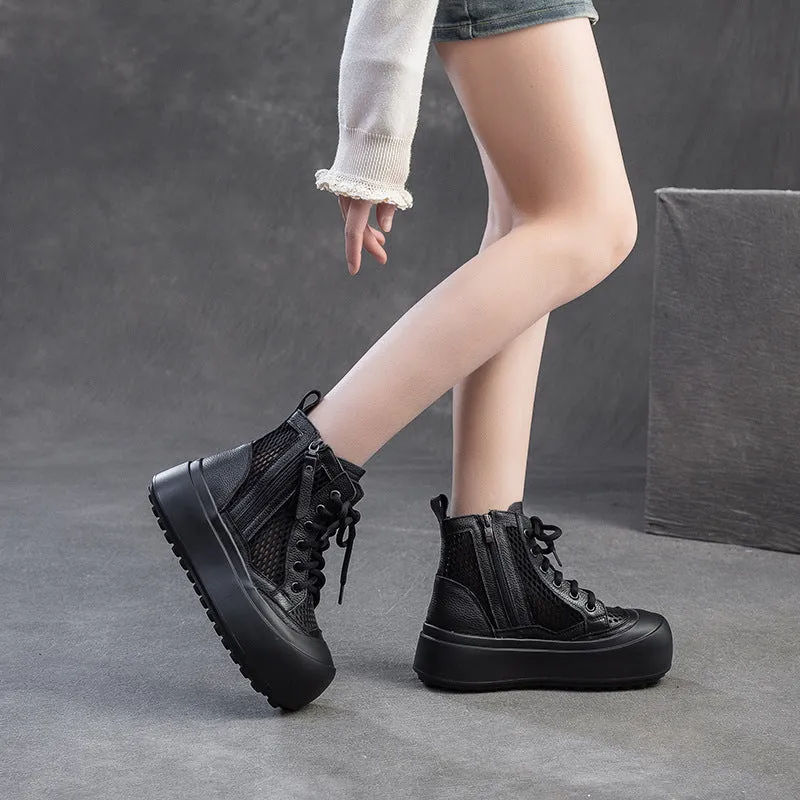 Women Retro Plain Leather Breathable Mesh Thick Soled Boots Filson Rain Boots