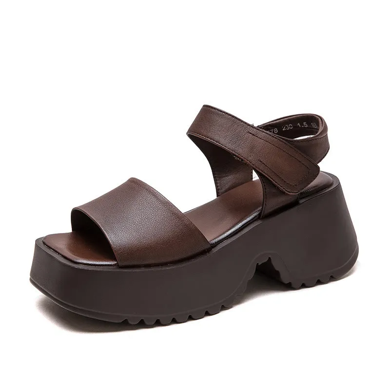 Women Retro Plain Leather Chunky Platform Sandals Sandals Cabo Mexico