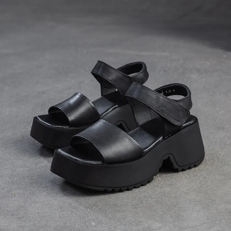 Sandals Dunns River Reviews Women Retro Plain Leather Chunky Platform Sandals