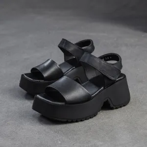 Women Retro Plain Leather Chunky Platform Sandals Japanese Sandals