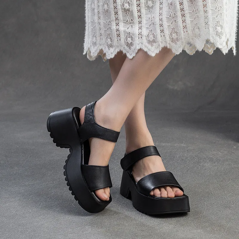 Sandals Montego Bay Overwater Bungalows Women Retro Plain Leather Chunky Platform Sandals