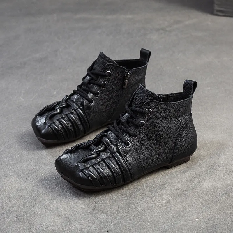 Women Retro Plaited Leather Soft Flat Ankle Boots Steel Toe Hiking Boots