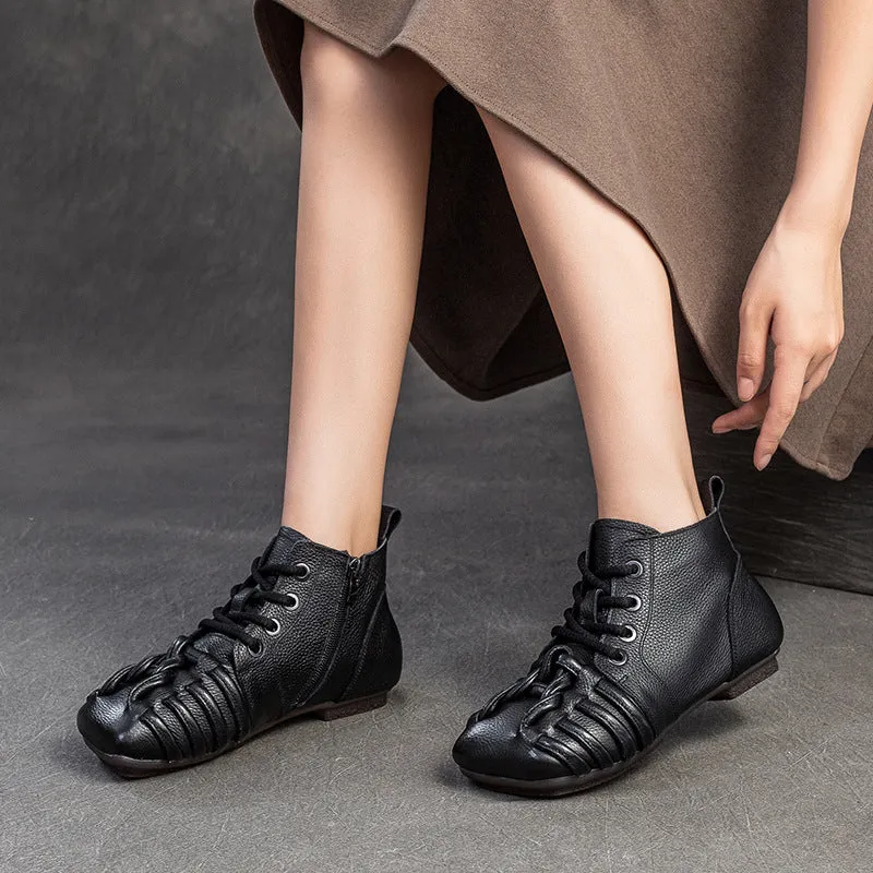 Pull On Work Boots Women Retro Plaited Leather Soft Flat Ankle Boots