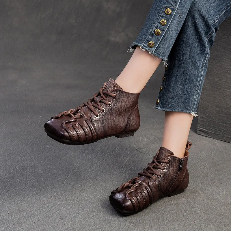 Brown Heeled Boots Women Retro Plaited Leather Soft Flat Ankle Boots