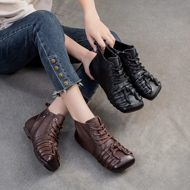 Ankle High Heel Boots Women Retro Plaited Leather Soft Flat Ankle Boots