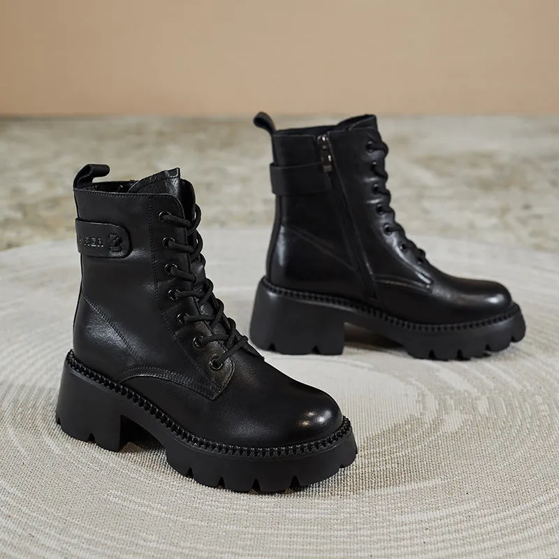 Wellies And Rain Boots Women Retro Soft Leather Chunky Heel Boots