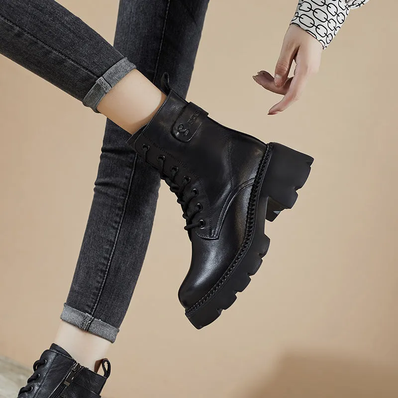 Women Retro Soft Leather Chunky Heel Boots Boots Designer