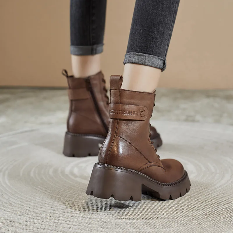 Women Retro Soft Leather Chunky Heel Boots Airwair Work Boots