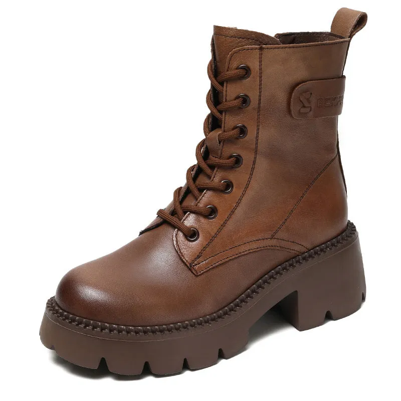 Ugg Boots Outfit Women Retro Soft Leather Chunky Heel Boots