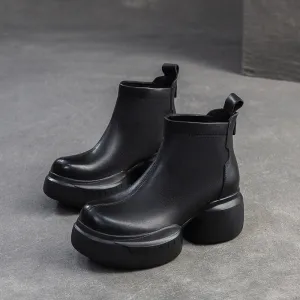 Women Retro Solid Leather Chunky Platform Ankle Boots Billy Rain Boots