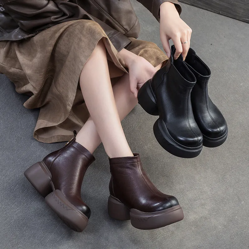 Women Retro Solid Leather Chunky Platform Ankle Boots Rain Boot Outline