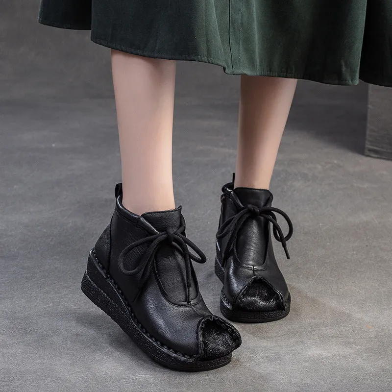 Women Retro Solid Leather Wedge Soft Ankle Boots Thigh High Boots Extra Wide Calf