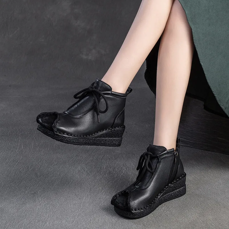 Compression Boots Women Retro Solid Leather Wedge Soft Ankle Boots