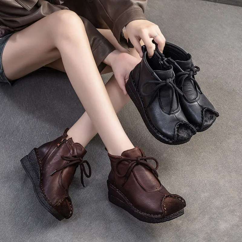 Military Boots Knee High Women Retro Solid Leather Wedge Soft Ankle Boots