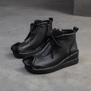 Women Retro Solid Leather Wedge Soft Ankle Boots Childrens Winter Snow Boots