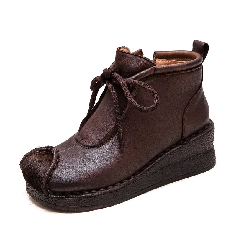 Women Retro Solid Leather Wedge Soft Ankle Boots Black Bootie Boots