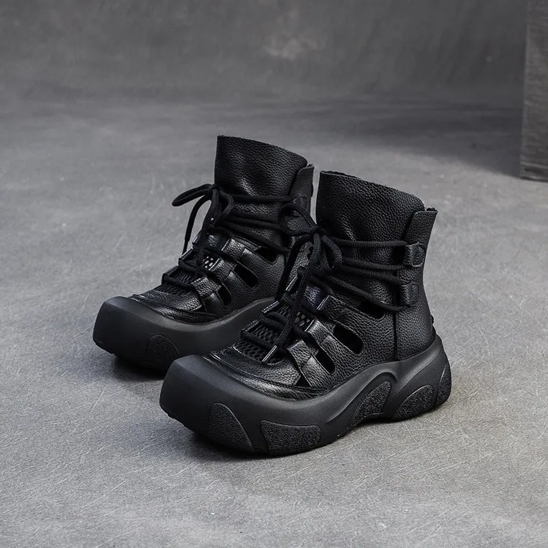 Boa Walking Boots Women Soft Cowhide Hollow Breathable Mesh Ankle Boots