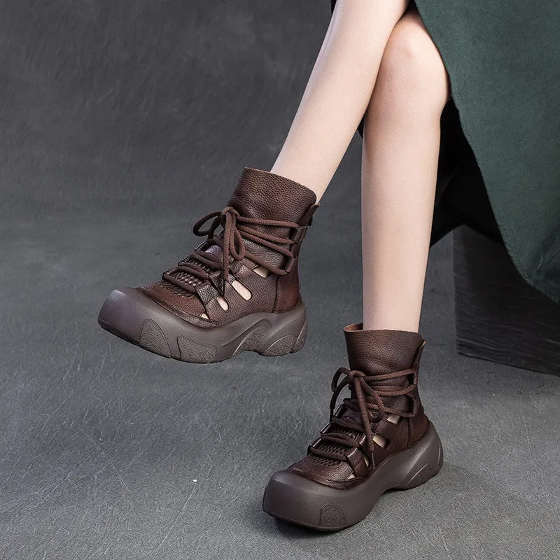 Women Soft Cowhide Hollow Breathable Mesh Ankle Boots Low Hiking Boots