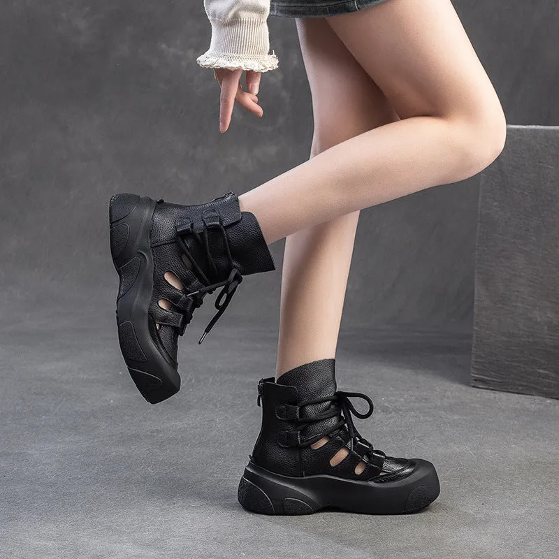 Insulated Waterproof Boots Women Soft Cowhide Hollow Breathable Mesh Ankle Boots