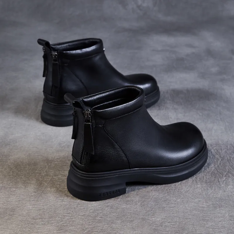 Brown Calf Boots Women Solid Leather Back Zipper Ankle Boots