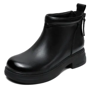 Women Solid Leather Back Zipper Ankle Boots Mid Calf Dress Boots